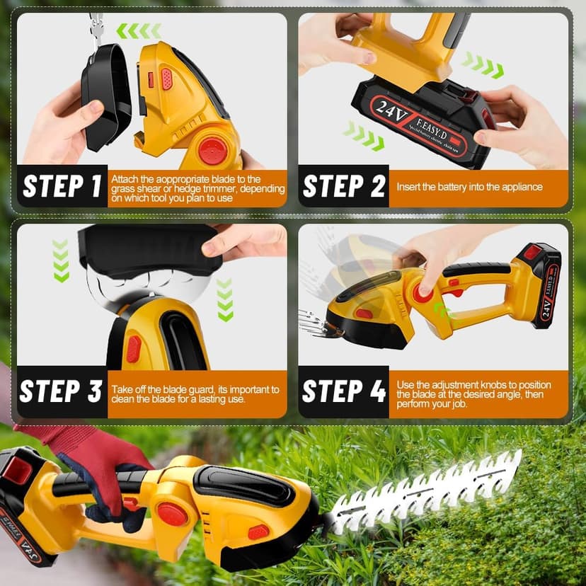 Hedge Trimmer Cordless with 21V Battery - 2 in 1 Electric Shrubbery Trimmer, Handheld Grass Shear Cutter Lightweight-Mini-Grass-Trimmer Bush Trimmer for Garden Yard Lawn Pruning