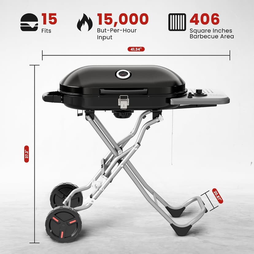 COWSAR Portable Propane Gas Grill 15,000 BTUS,BBQ Gas Grill with 348 SQ Inch Large Cooking Areas, Quick-Fold Legs & Wheels, Portable & Foldable BBQ Grill for Camping/Tailgating/Picnic, Black
