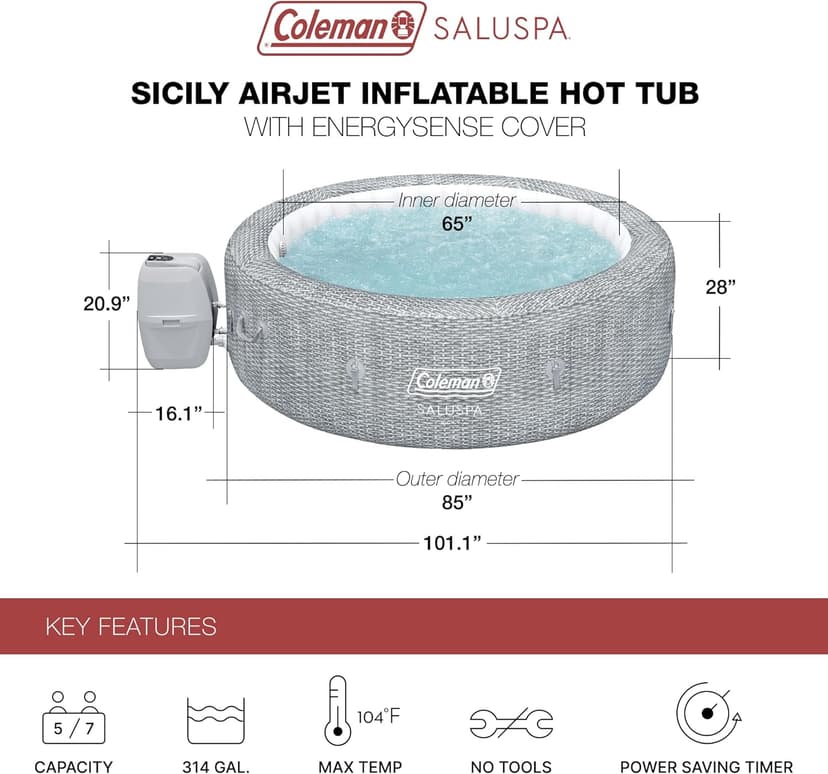 Bestway Coleman Sicily AirJet Large Round 5 to 7 Person Inflatable Hot Tub Portable Outdoor Spa with 180 AirJets and EnergySense Cover, Grey