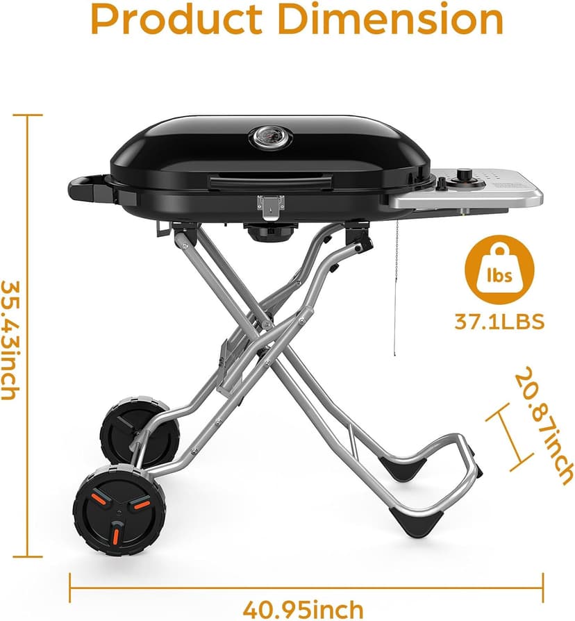 Joy Pebble Portable Propane Gas Grill, 15000BTUS,BBQ Gas Grill with 348 SQ Inch Large Cooking Areas, Sturdy Quick-Fold Legs, Portable & Foldable BBQ Grill for Outdoor Camping/Tailgating/Picnic, Black