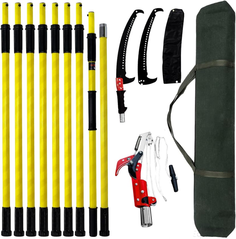 30 FT Manual Pole Saw for Tree Trimming, Extendable Tree Pruner with Sharp Steel Blade and Scissors for High Branches, Sturdy Design Ideal for Pruning Palms and Shrubs