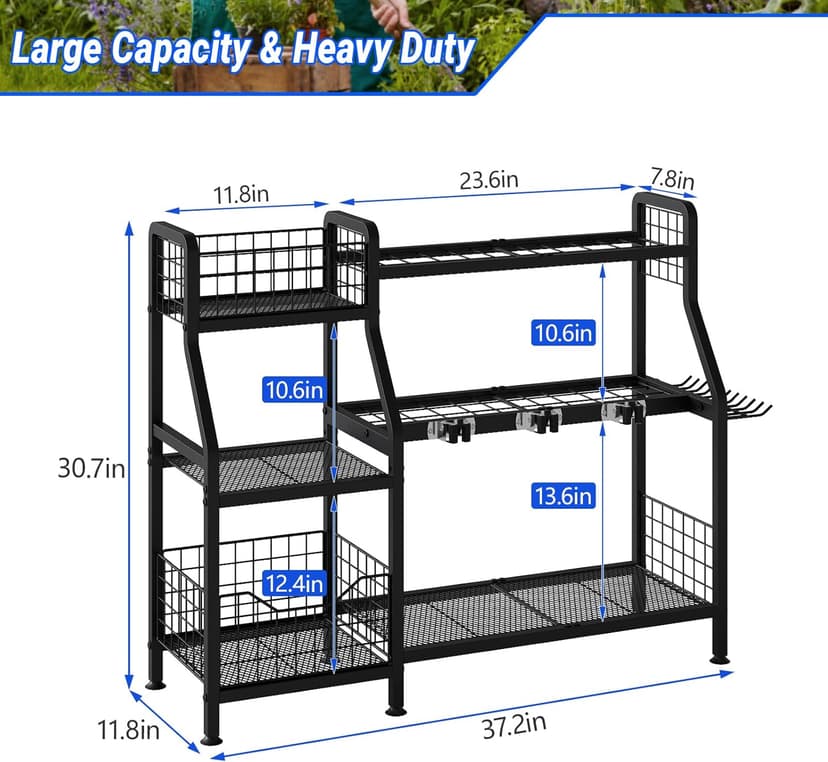 keomaisyto Garden Tool Organizer for Garage/Shed, 3 Tier Garage Tool Organizer and Storage Holder with Hooks, Large Garden Tools Tower Rack with Storage Basket for Shed/Yard/Lawn