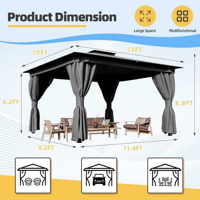 YOLENY Outdoor 10'x13' Grey Patio Gazebo, Metal Frame Canopy with Double Roofs, Heavy Duty Pavilion with Curtains and Nettings for Deck, Lawn and Backyard