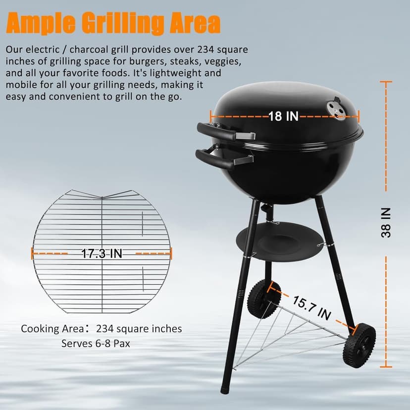 CUKOR 2 in 1 Electric Barbecue Grill，Electric & Charcoal Grill BBQ Grill Indoor Outdoor, Non-stick Porcelain-Enameled Lid and Wheels