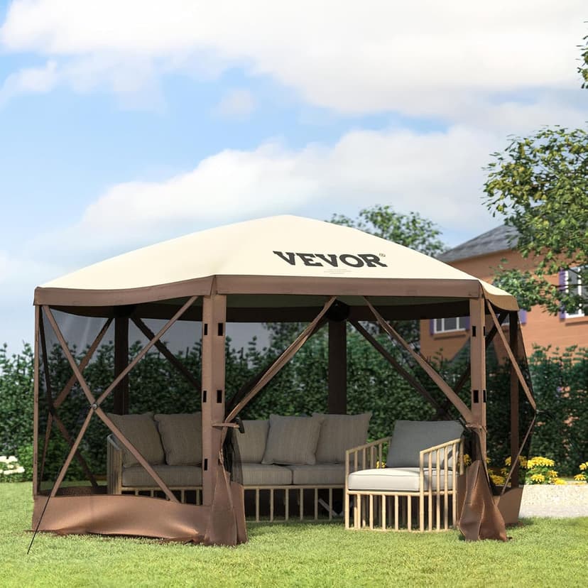 VEVOR Pop Up Gazebo Screen Tent 12 x 12 Ft, 6-Sided Camping Gazebo Instant Canopy Sun Shelter with 6 Removable Privacy Wind Cloths, Mosquito Netting, 300D Oxford Cloth for Patio, Backyard, Lawn