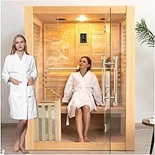 Smartmak Wood Home Steam Sauna, 3 Person Canadian Hemlock Traditional Luxurious Wooden Indoor Spa Room, with 3.5 kw Heater, Bluetooth Speaker, Rocks, Water Bucket, Spoon, Hygrothermograph, Lights