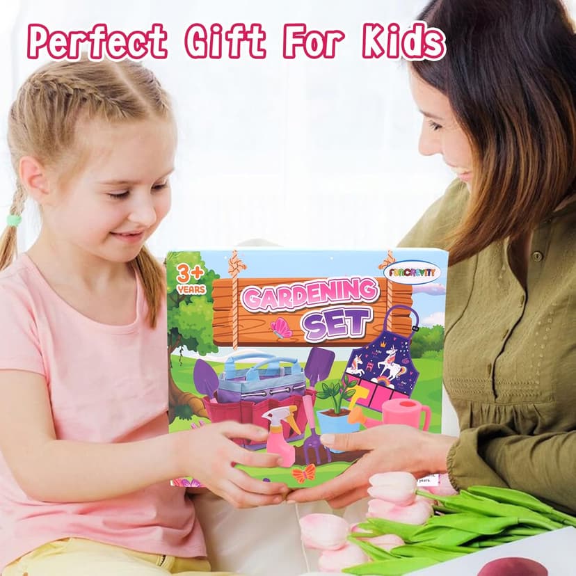 Kids Gardening Tools Set Includes Toddlers Gardening Gloves Sturdy Tote Bag Watering Can Shovel Rake Trowel Children Unicorn Apron Birthday Christmas Easter Gift for Kids Boys Girls