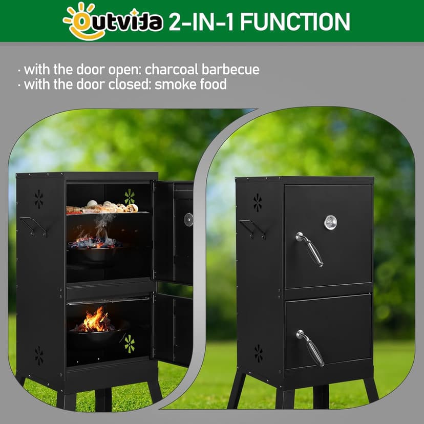 Outvita Outdoor Smoker with Double Doors, Vertical Charcoal Smoker, Outdoors Charcoal Barbeque with 2 Detachable Grill Netting Smoking Racks, Suitable for Lawn Picnic, Backyard BBQ, Black
