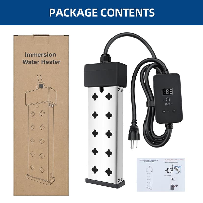 Immersion Water Heater, Portable Bathtub Heater with Thermostat, Bucket Heater with Real-Time Temperature Display and Control, Dry Burn Protection for Bucket, Basin, Bathtub 1800W (120V 15A)