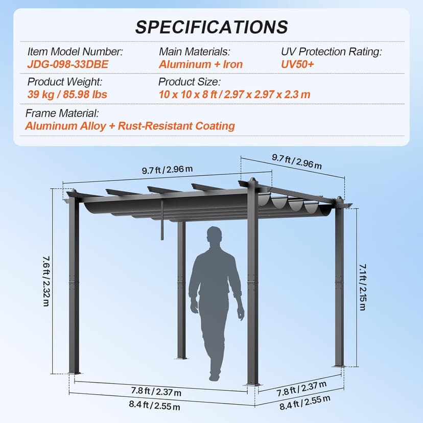 VEVOR 10'x10' Outdoor Retractable Pergola with Canopy, Aluminum Pergola with Retractable Canopy, Modern Style, Sun Shade for Patios, Gardens, Decks, Backyards (Gray)
