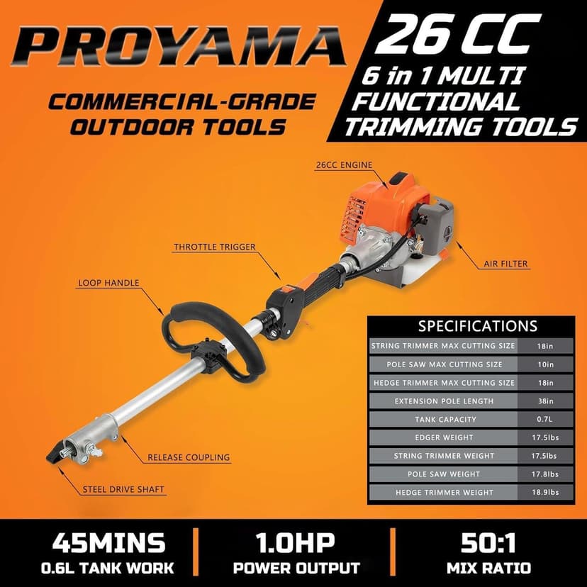 PROYAMA 26cc 6 in 1 Multi Functional Trimming Tools, Gas Hedge Trimmer, Weed Eater, String Trimmer, Brush Cutter, Edger, Pole Saw Chainsaw Pruner with Extension Pole