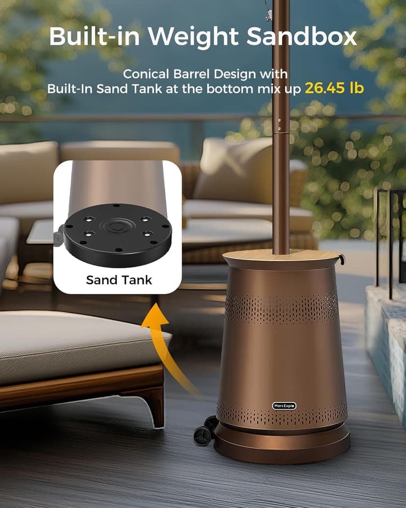 50,000 BTU Patio Heater for Outdoor Use With Adjustable Heat Focusing Top, Propane Patio Heater with Wheels, Stainless Steel Burner for Porch Garden Commercial Residential, Dark Brown