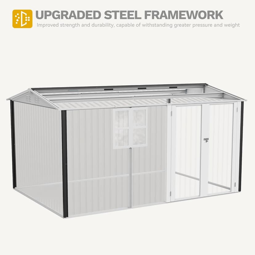 DWVO 12' x 8' Outdoor Storage Shed, Waterproof Metal Garden Shed with Windows, Lockable Doors, and Sloped Roof for Patio, Backyard, Lawn, Tool Storage, Bike Shed, Pet Shelter (Gray + White)