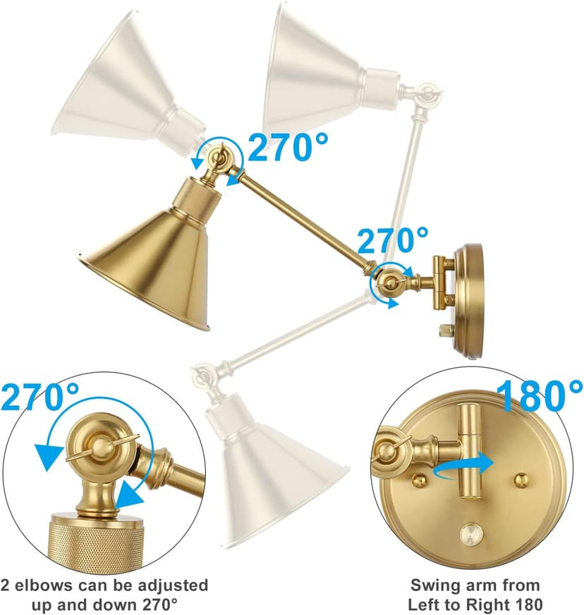 TRLIFE Wall Sconce Plug in, Dimmable Wall Sconces Set of 2 Wall Lights with Plug in Cord and Dimmer On/Off Knob Switch, Brushed Brass Swing Arm Wall Light, UL Listed(2 Pack, 2 Bulbs)