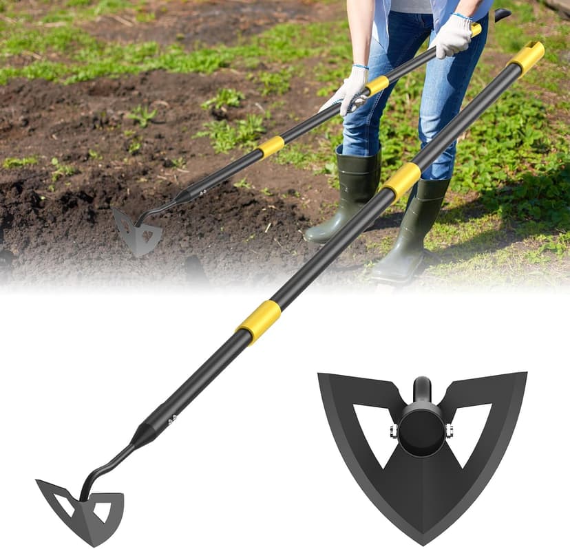 Hoe Garden Tools, 41.3 to 55.5 Inch Weeder Tool for Yard Long Handle, Garden Weeding Tool with Sharp Hoe and Comfort Grip for Loosening Soil, Weeding, Digging Trenches Gardening Tools