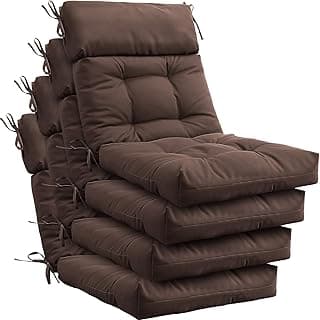 Barydat 4 Pack High Back Chair Cushion Indoor Outdoor Tufted Seat and Back Chair Rocking Pads Lounge Porch Seat Cushion with Ties for Patio Furniture, 43.4 x 21 x 3.3 Inch(Coffee)