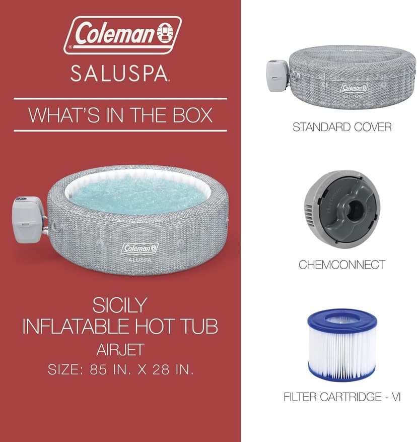 Coleman SaluSpa Sicily AirJet 7 Person Inflatable Hot Tub Round Portable Outdoor Spa with 180 Soothing AirJets and Insulated Cover, Gray