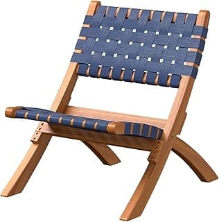 Patio Sense 63636 Sava Indoor Outdoor Folding Chair Low Slung Portable Seating Solid Acacia Wood Woven Seat Back Seat Indoors Porch Lawn Garden Fishing Sporting - Navy Blue Webbing
