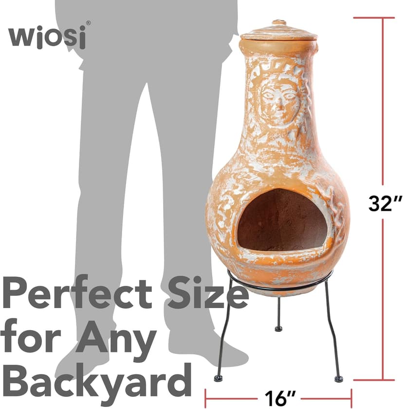 Wiosi Medium Chiminea Outdoor Fireplace Clay Chimineas with Chimney Rain Lids and Solid Metal Stands - Yellow Terracotta Chimenea - Rustic Fire Pit Chimnea 16 x 16 x 32-inch