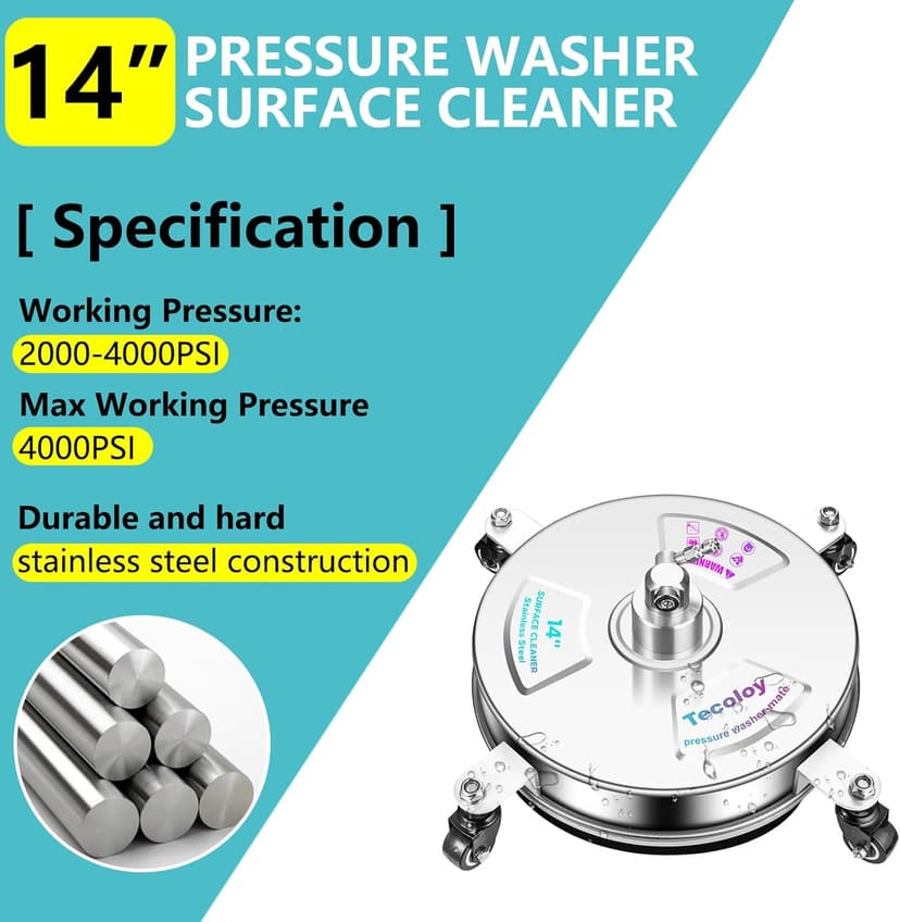 14" Pressure Washer Surface Cleaner with 4 Wheels-Stainless Steel Power Washer Accessories for Concrete Driveways Sidewalks Patios Cleaning (14 INCH Silver)