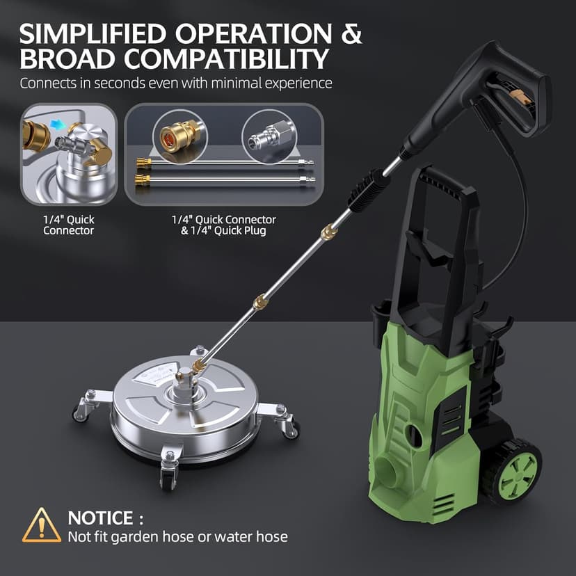 14" Pressure Washer Surface Cleaner 4500 PSI with 304 Industrial-Grade Stainless Steel Housing,1/4” Quick Plug, 4 Universal Wheels, 2 x 15 Extended Wands, 2 Replacement Nozzles, 4 Spray Nozzle Tips