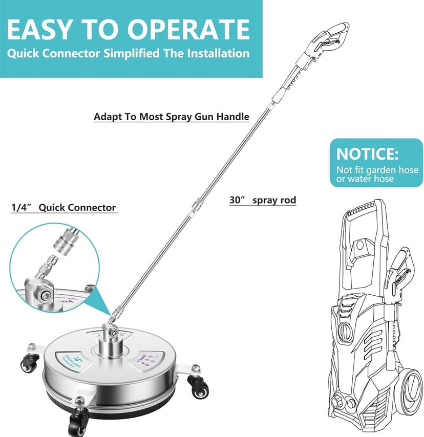 14" Pressure Washer Surface Cleaner with 4 Wheels-Stainless Steel Power Washer Accessories for Concrete Driveways Sidewalks Patios Cleaning (14 INCH Silver)