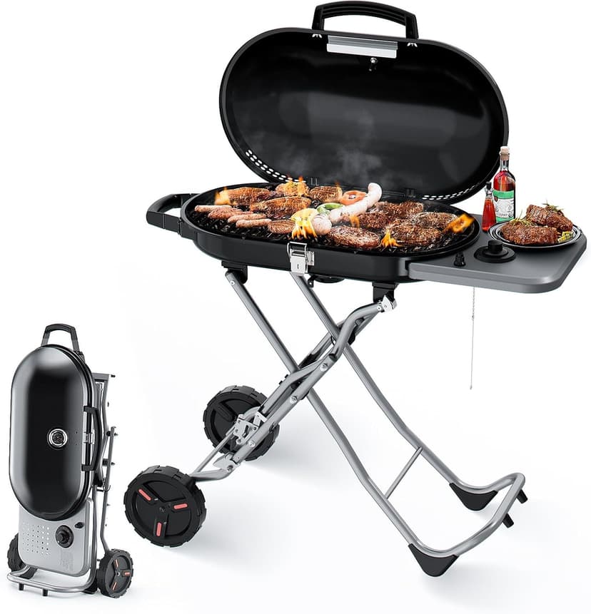 COWSAR Portable Propane Gas Grill 15,000 BTUS,BBQ Gas Grill with 348 SQ Inch Large Cooking Areas, Quick-Fold Legs & Wheels, Portable & Foldable BBQ Grill for Camping/Tailgating/Picnic, Black