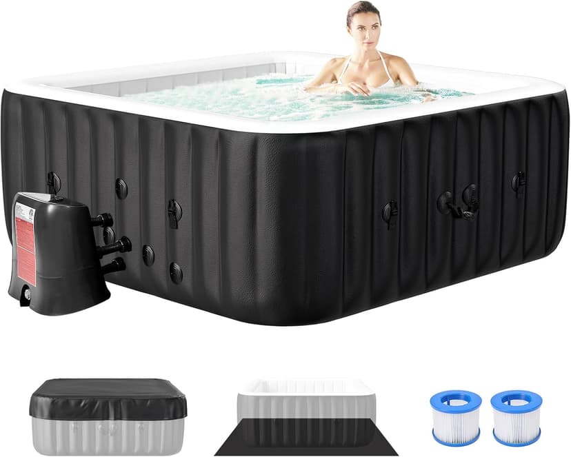 4-6 Person Inflatable Hot Tub, Large Square Portable Blow up Hot Tub, Leak-Proof PVC Outdoor Spa with 130 Air Jets, Insulated Cover and Heater Pump, 73” X 73”X 25”