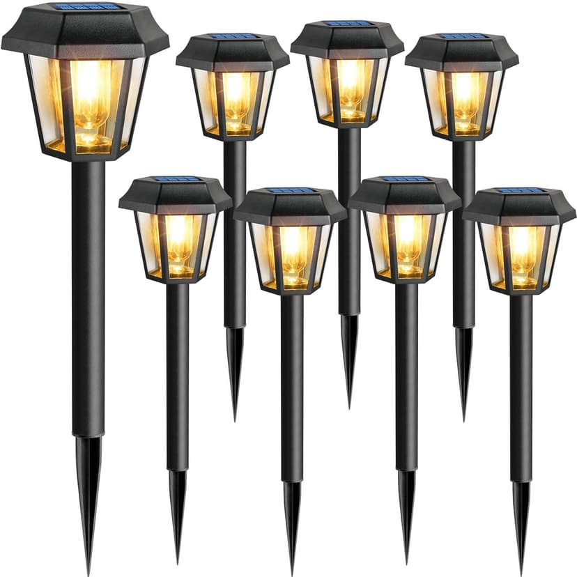 Solar Lights Outdoor 8 Pack Pathway Lights Waterproof with 3000K Vintage Tungsten Filament Light Bulbs for Yard Garden Walkway Driveway Landscape Path