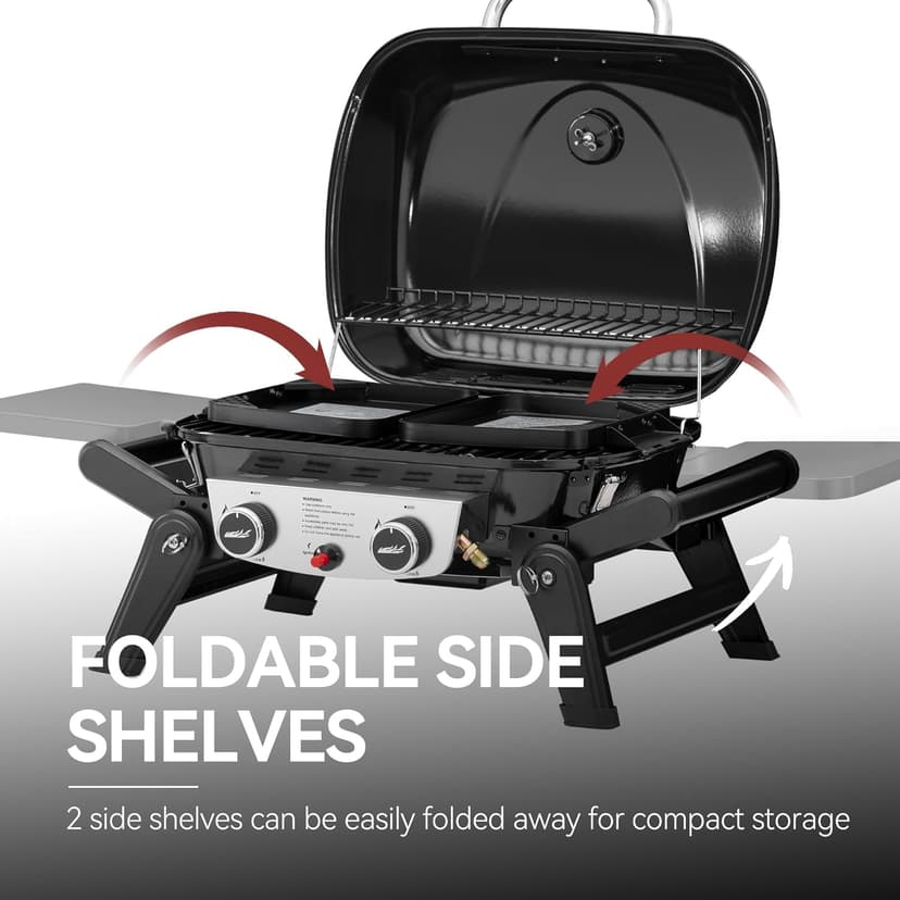 Royal Gourmet GT2005 2-Burner Portable Propane Gas Grill with Foldable Side Tables & Foldable Support Legs, Tabletop Gas Grill with Warming Rack for for Outdoor Cooking & Grilling, Black