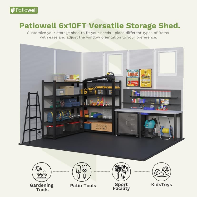 Patiowell 6 x 10 FT Plastic Outdoor Storage Shed with Floor, Resin Outside Tool Shed with Two Windows and Lockable Door for Garden, Backyard, Tool Storage Use, Easy to Install, Light Grey