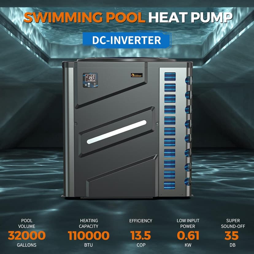 Dr Infrared Heater DR-1100HP Full DC Inverter 110,000 BTU Heat Pump Ground Swimming Pools, WiFi Smart Control via APP, Black