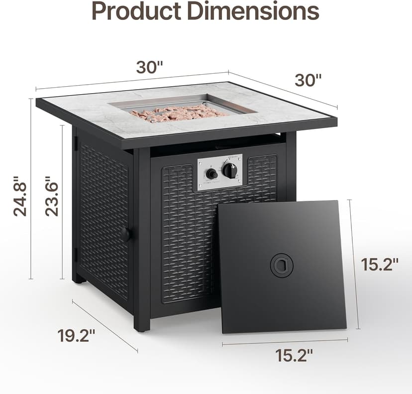 Gizoon 30" Propane Fire Pit Table 50,000 BTU, Outdoor Fire Pit Table with Lid & Lava Rock, CSA Certified Square Fire Tables for Outdoor Dining, Patio, Garden, or Backyard Gatherings
