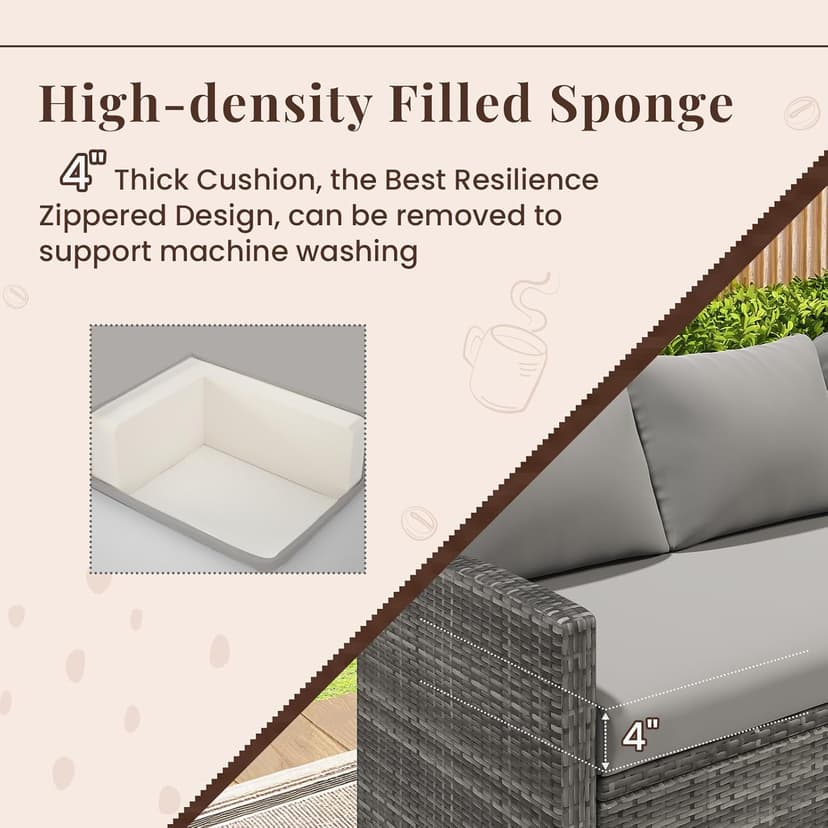 U-MAX 7 Pieces Patio Furniture Set with 43 Inch Fire Pit Table, Outdoor Sectional Sofa Conversation Set, All Weather Wicker Rattan Dining Table & Chair with Ottoman, Grey Rattan&Grey Cushion