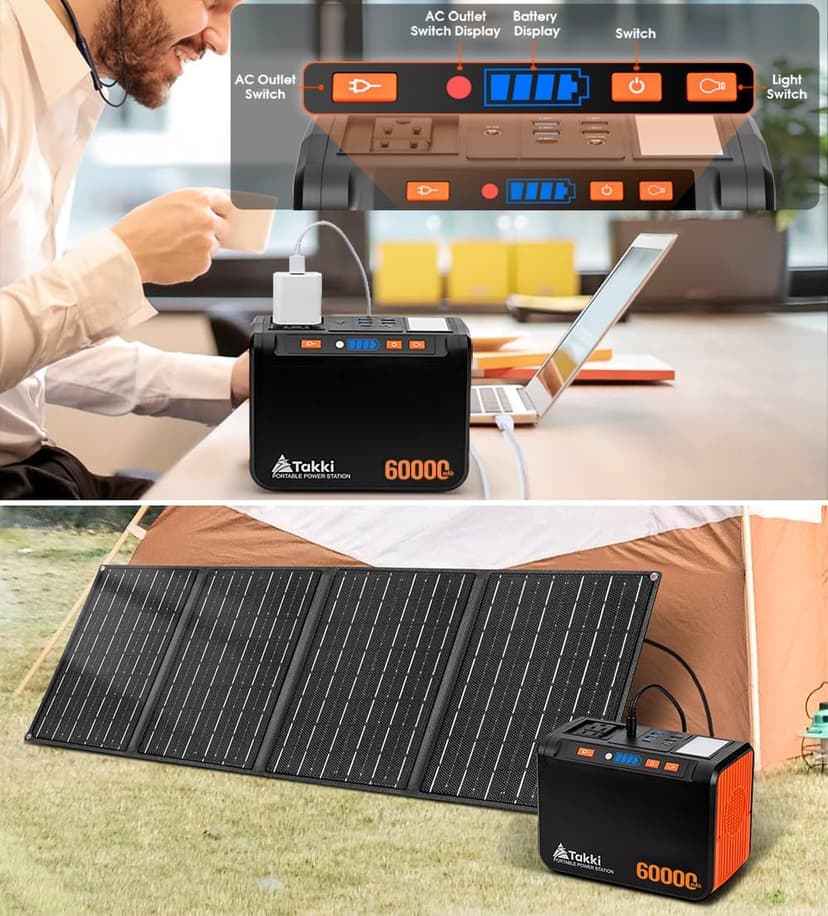 Takki Solar Generator 222Wh Portable Power Station with 40W Solar Panels, 250W Pure Sine Wave Camping Lithium Battery with AC 110V Outlet for Camping Home Use Emergency Outdoor CPAP