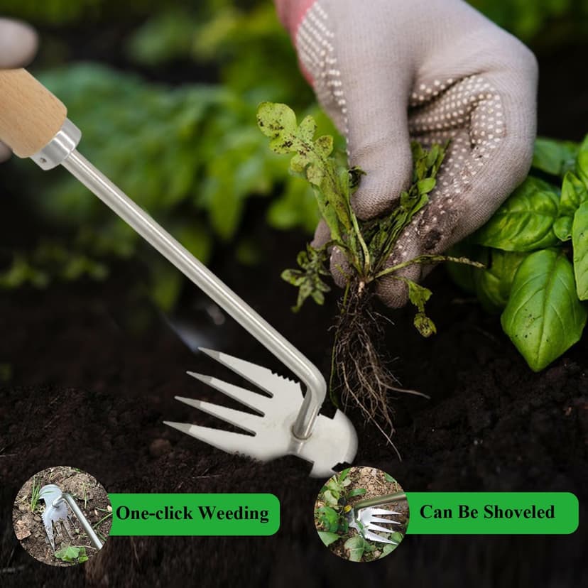 Weeding Artifact Uprooting Weeding Tool, Garden Weeding Tools Hand Weeder Tool, Stainless Steel Weed Puller 4 Teethes Dual Purpose Weeder, Multifunctional Weeder Manual Weed Remover Tool (Wood-12inch)
