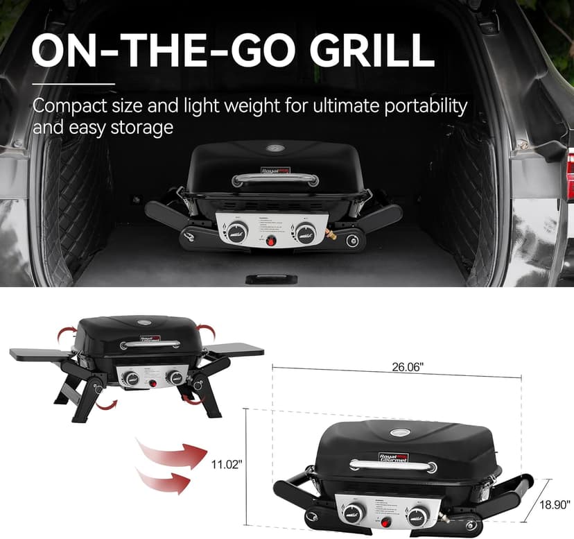 Royal Gourmet GT2005 2-Burner Portable Propane Gas Grill with Foldable Side Tables & Foldable Support Legs, Tabletop Gas Grill with Warming Rack for for Outdoor Cooking & Grilling, Black
