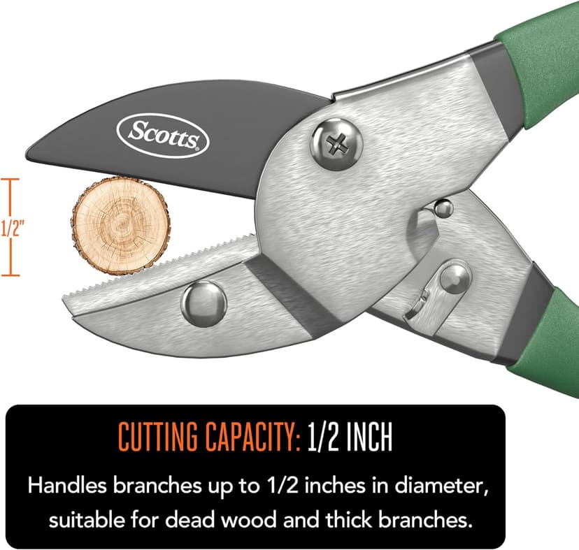Scotts 8 in. Anvil Pruning Shears – 1/2 in. Cutting Capacity, Heavy-Duty Garden Pruner for Dry Stems and Dead Wood, Sap Resistant – Comfort Grip with Sharp Carbon Steel Blade for Yard and Garden Use