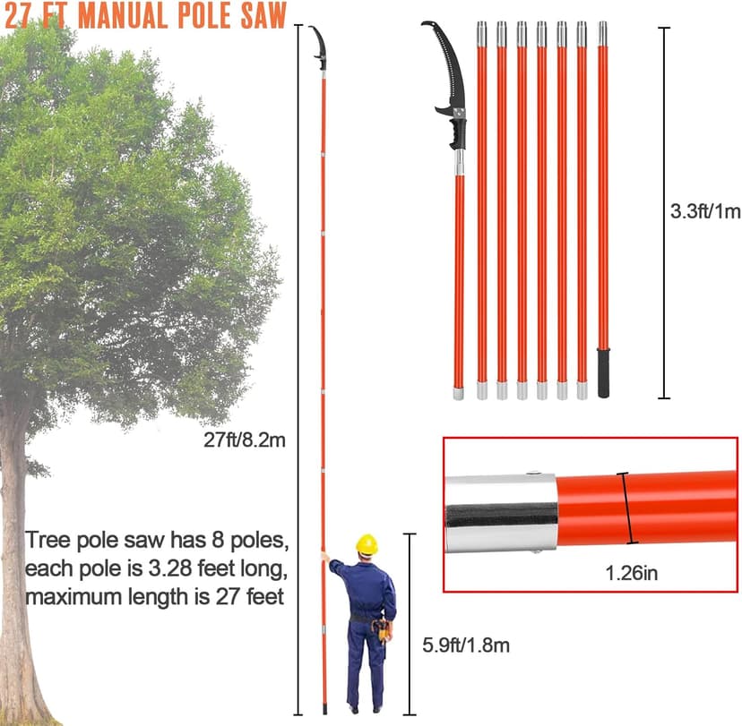 Pole Saws for Tree Trimming, 7.3-27 ft Manual Pole Saw Extendable Tree Trimmer, Long Branch Trimmer Tree Pole Pruner Saw Blades and Scissors Set for Pruning Palms and Shrubs (Red)