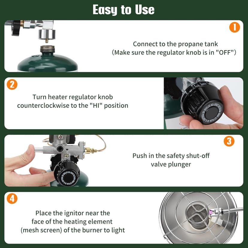 KOMAN Propane Heater for Tent, Camping & Patio - Portable Outdoor Heater with 1lb Propane Tank & 20-40lb POL Adapter, Safety Shut-off Valve & Tip-over Switch