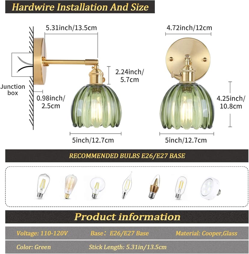Vintage Wall Sconces with Green Tulip Glass Lampshade 180 Degree Adjustable Brass Sconces Hradwired Modern Wall Lighting Fixture with Switch for Bedside Bedroom Doorway