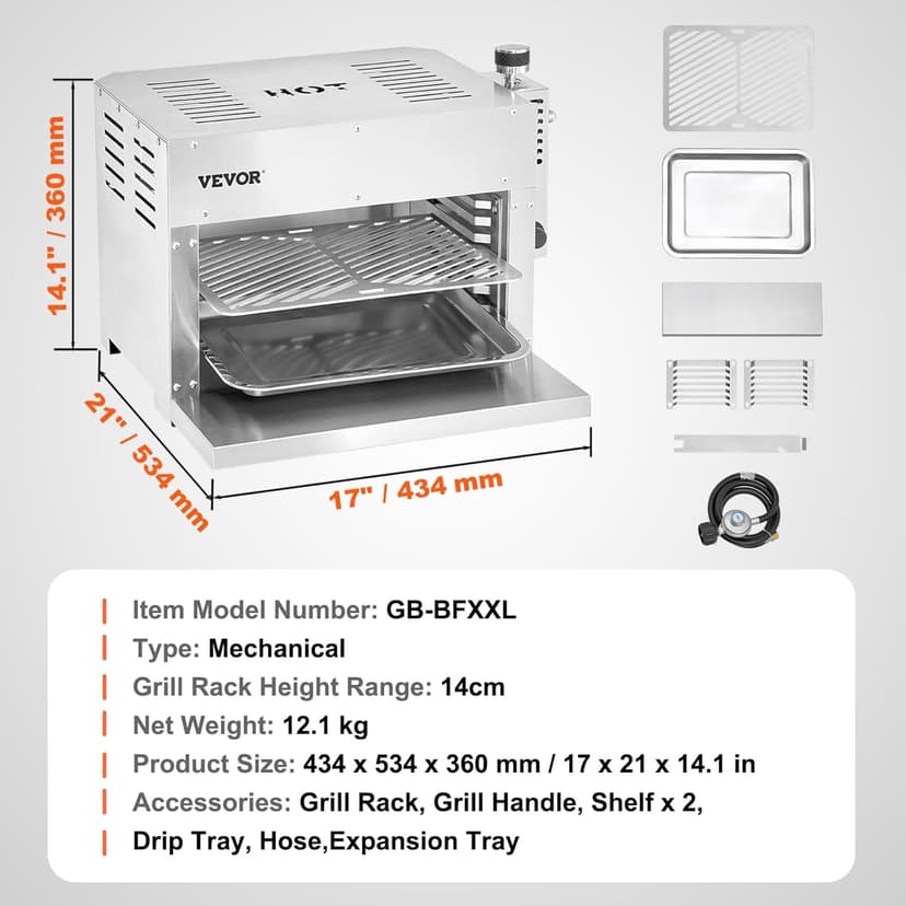 VEVOR Propane Steak Grill, Portable Propane Steak Cooker, 1500°F Stainless Steel Barbecue Infrared Grill with 6-Tier Adjustable Rack, Steak Cooker Machine for BBQ, Toast, Grill, Outdoor Picnic