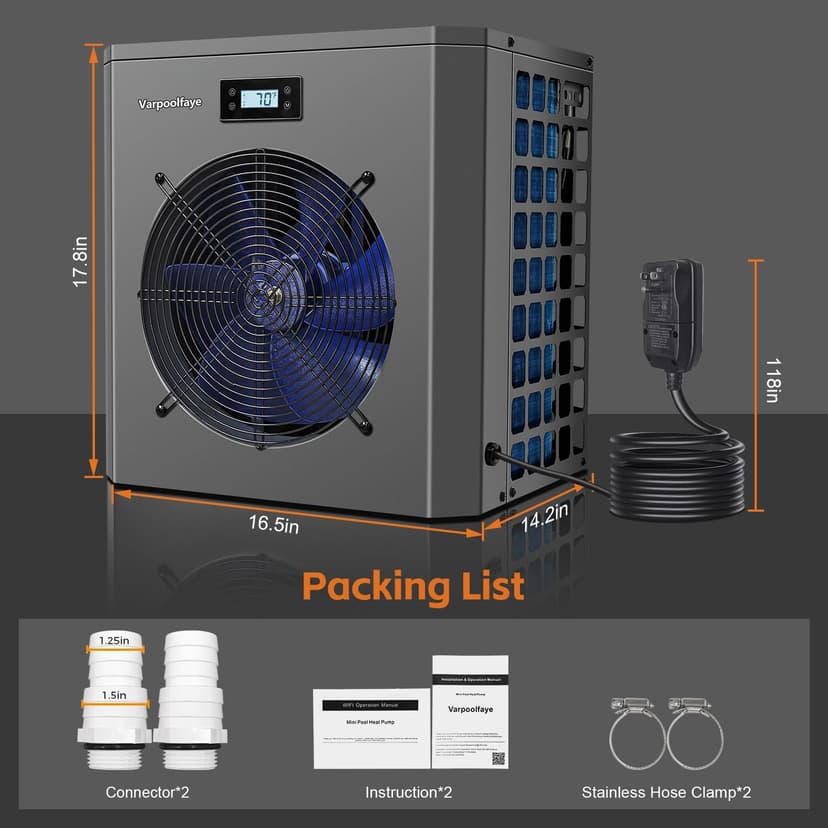 Electric Pool Heater Pump 5000 Gallon 120v Pool Heaters for Above Ground Pools 16000 BTU Swimming Pool Heat Pump WiFi Control Heat Or Cool Spa Heater Pump