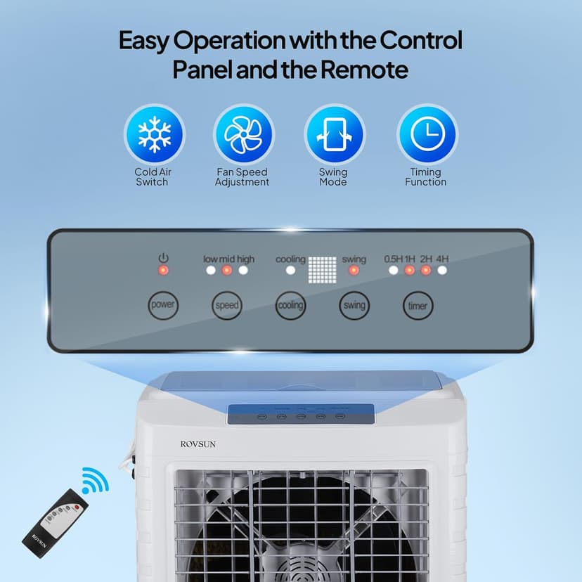 ROVSUN 4100CFM Portable Air Cooler, 13.2Gal/50L Evaporative Swamp Cooler, 3-IN-1 Cooling Fan with Remote Control, 3 Speeds, 7.5H Timer & 4 Ice Box, Humidifying Oscillating Fan for Indoor or Outdoor