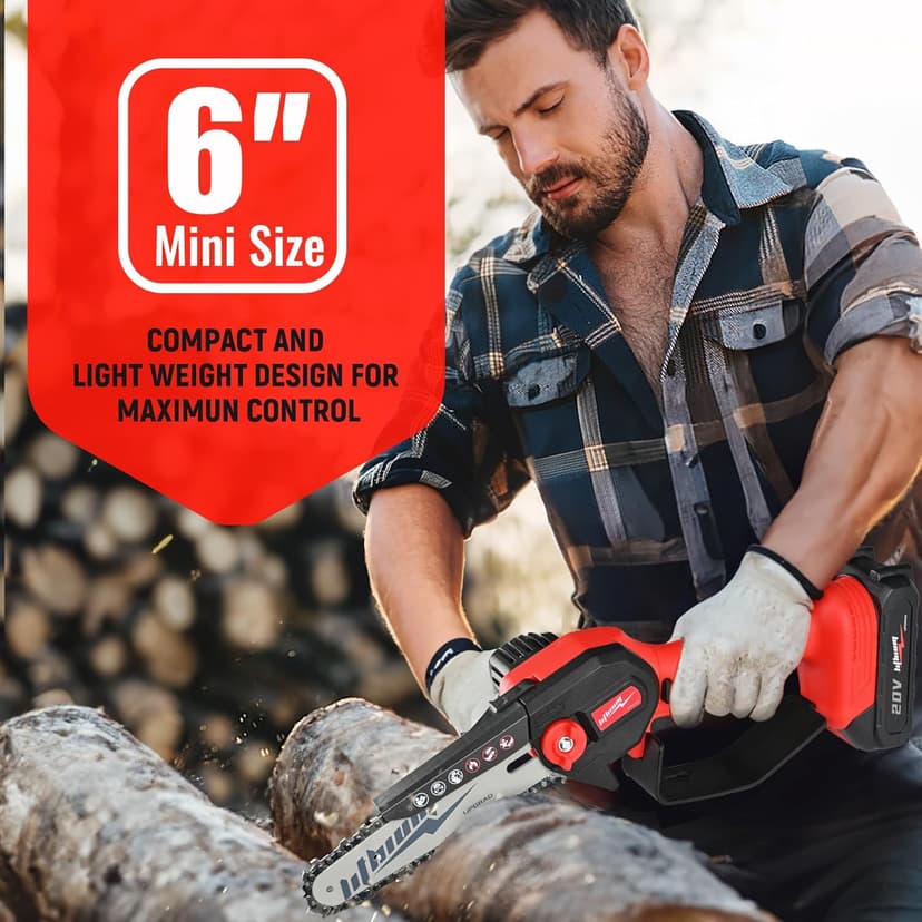 Mini Chainsaw Cordless, 6 Inch Portable Electric Chainsaw, One-Hand Handheld Small Chain Saw for Cutting Wood Trimming and Woodworking- Mini Chain Saw Battery Powered with 2 Batteries