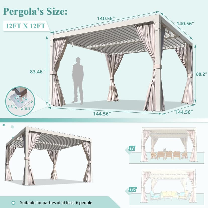 YOLENY Louvered Pergola 12x12, All Aluminum Pergola with Adjustable Rainproof Roof, Outdoor Pergola with Curtains and Nets for Patio & Garden, White