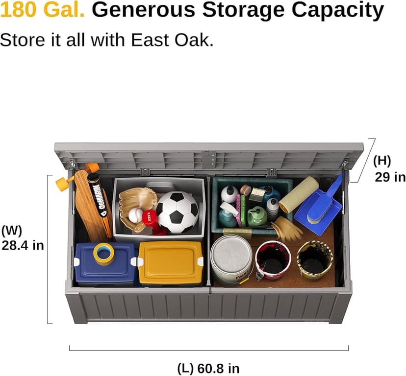 EAST OAK Outdoor Storage Box, 180 Gallon Deck Box, Large Resin Storage Bin for Patio Cushions, Gardening Tools, Lockable, Waterproof and UV Resistant, Grey