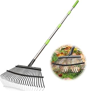 Joyhalo Rake for Leaves Adjustable 65 Inch Long, 18 Inch Wide Garden Rake with 25 Tines, Metal Leaf Rakes, Rakes for Lawns, Gathering Leaves, Weeds, Debris