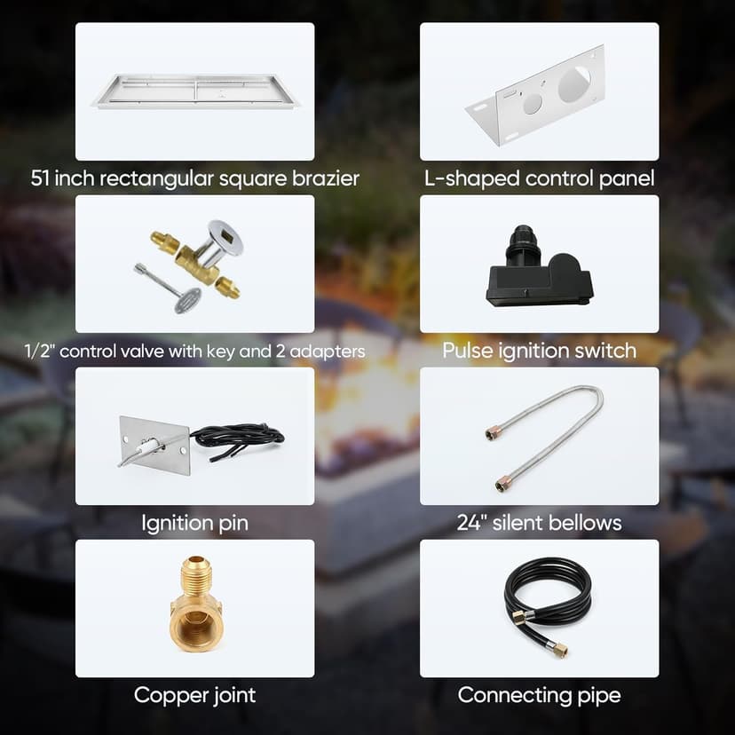 FAHKNS 48" x 14" Rectangular Fire Pit Pan Kit, for Indoor or Outdoor Large Built-in Fire Table. Stainless Steel Drop-in Fire Pit Pan with H-Shaped Burner, Spark Ignition Kit