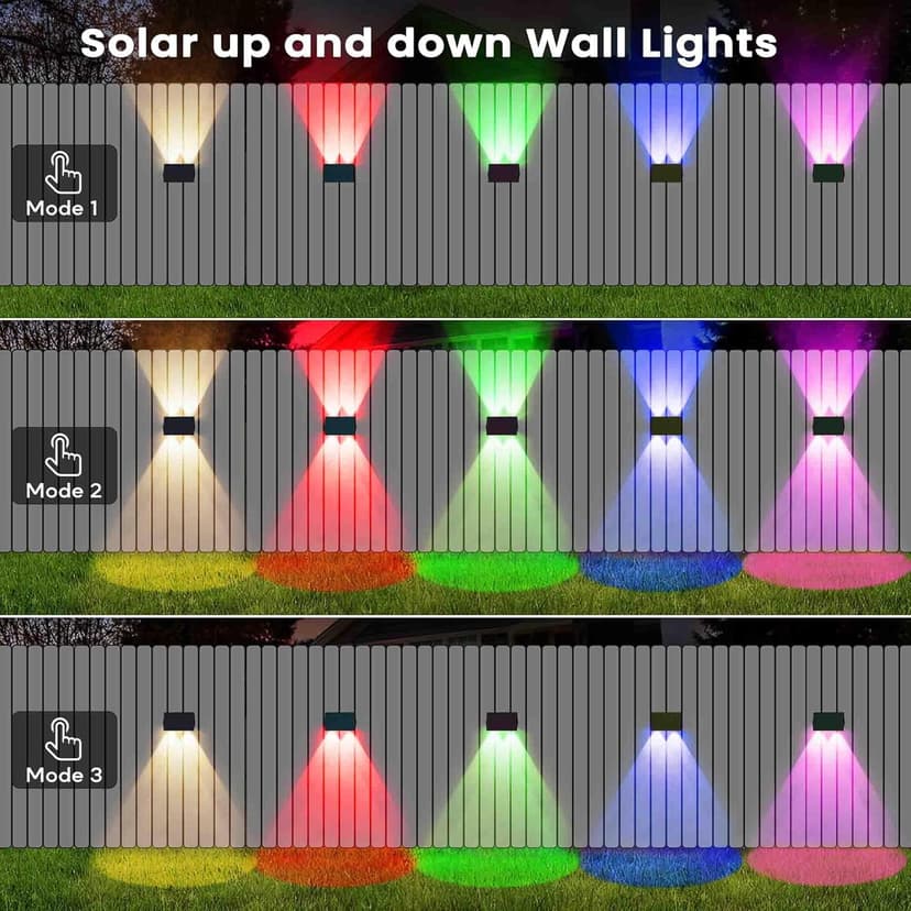 Fence Lights Solar Powered, 6-Pack Solar Fence Lights Up/Down Flexible Buttons, IP67 Waterproof for Outdoor, 120LM Bright, Auto Dusk to Dawn for Wall/Stairs/Yard/Railing/Deck/Pathway (White & RGB)